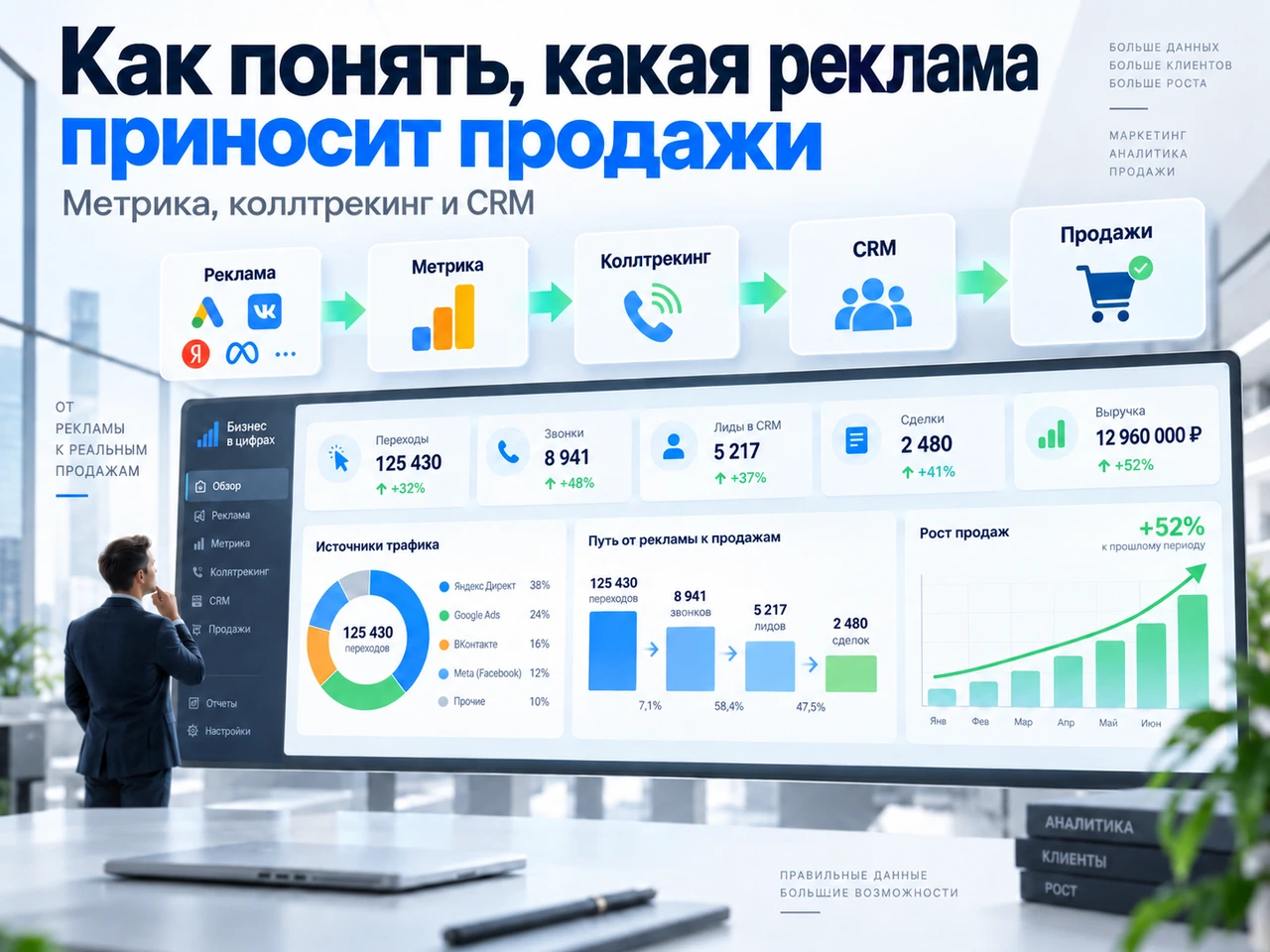 Аналитика рекламных источников, звонков, этапов CRM и оплаченных заказов